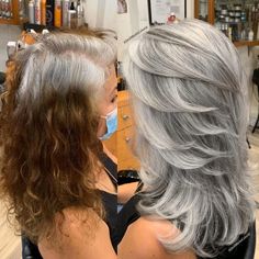 Silver Hair With Dark Lowlights, Funky Gray Hair, Best Hair Color For Graying Hair Over 50, Jack Martin Colorist Gray, Silver Gray Balayage, Red To Gray Hair Transition, Blending Grey Hair With Blonde, Hair Color Ideas For Graying Hair, How To Transition To Gray Hair