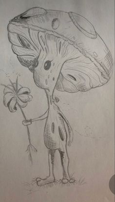 a pencil drawing of a mushroom holding a clover with its trunk in it's hand