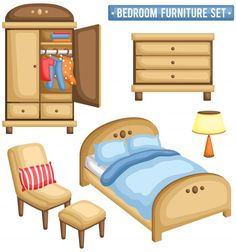 the bedroom furniture set includes a bed, dresser, chair and footstool in cartoon style