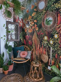 a room filled with lots of plants next to a wall covered in pictures and mirrors