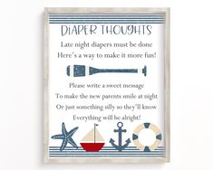 a framed sign that says diaper thoughts with an anchor, boat and starfish