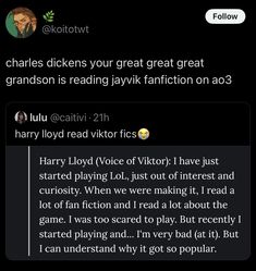 the text on the phone reads, charles dickens your great great great grandson is reading jayk fan fiction on ao3