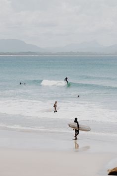 several people are on the beach with surfboards