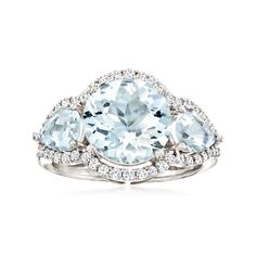 Ross-Simons - 4.40ct t. w. Aquamarine, .43ct t. w. Diamond Three-Stone Ring Round Cut Size 6. Perfectly arranged to exude the most stunning scintillation, this princess-like ring is a sure charmer. 4.40 ct. t. w. aquamarine gems, one round and two pear-shaped, comprise the three-stone design, set aglow by a sparkling frame of .43 ct. t. w. round brilliant-cut diamonds. Crafted in 14kt white gold. 1/2" wide. Diamond and aquamarine three-stone ring. Aquamarine birthstones are the perfect gift for Antique Aquamarine Ring, Aquamarine Birthstone, Aquamarine Gem, Aquamarine Rings, Stone Design, Three Stone Rings, Design Set, Round Brilliant Cut Diamond, Three Stone