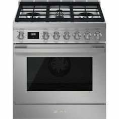 a stainless steel oven with four burners and one door on the front, is shown