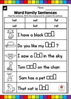 the worksheet for word family sentences is shown in black and white, which includes