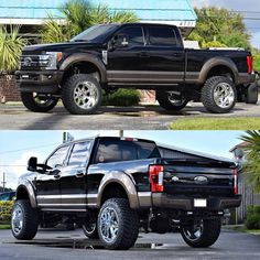 two pictures side by side of a black pickup truck and the same one with chrome rims