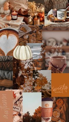 a collage of photos with coffee, pumpkins and autumn leaves on them is shown