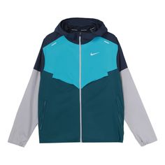 Functional Hooded Running Outerwear, Functional Hooded Outerwear For Running, Nike Long Sleeve Hoodie For Running, Nike Hooded Running Hoodie, Nike Athleisure Hoodie For Running, Nike Running Hoodie Sportswear, Nike Gym Outerwear With Double-lined Hood, Nike Sporty Running Hoodie, Blue Sporty Hooded Jacket For Outdoor