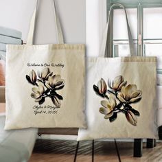 two totes bags with flowers on them