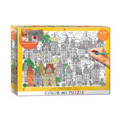 the color me puzzle box is open and showing it's cityscape design