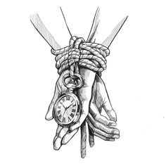 a drawing of two hands holding a clock with ropes wrapped around it and tied to each other