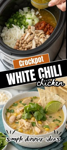 A bowl of Crockpot White Chili Chicken with garnishes of avocado, cilantro, lime wedges, and tortilla chips. The chili appears creamy and full of flavor. Best Crockpot White Chicken Chili, Crockpot White Bean Chicken Chili, Crockpot Meals For Kids, Chili Chicken Recipe, Chicken Chili Recipe Easy, White Chili Recipe, White Chicken Chili Slow Cooker, Chicken Chili Crockpot, Crockpot White Chicken Chili