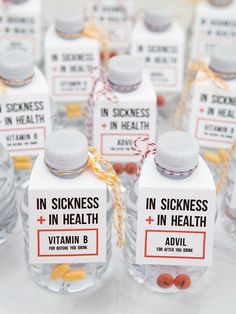 several small bottles with labels on them that say in sickness and in health