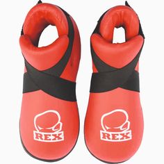 red and black boxing gloves with the word rex on it's front side