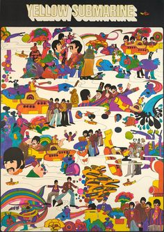 an image of the beatles album cover with many different colored images on it and people standing around