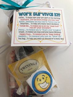 a bag with some items in it and a sign on the back that says work survival kit