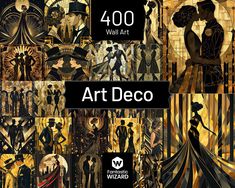 art deco wallpapers with an image of people in black and gold colors on them