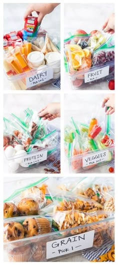 four pictures showing different types of food in plastic containers and labeled with labels on them