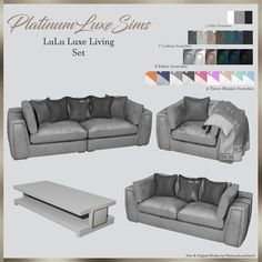 an image of a living room set with couches and coffee table in different colors