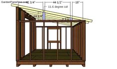 a shed with measurements for the roof and side walls, including an opening to the porch