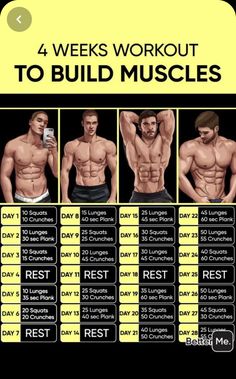 the 4 week workout to build muscles is shown in this poster, with instructions for each