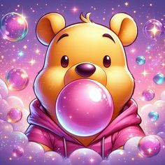 a cartoon bear with bubbles in its mouth and wearing a hoodie on top of it