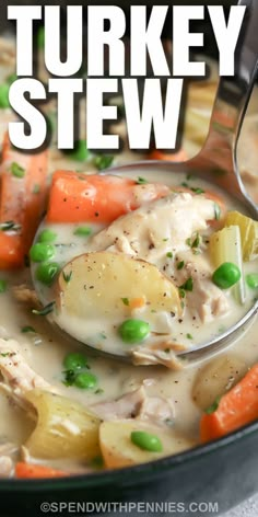 a spoon full of turkey stew with peas and carrots