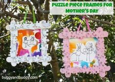 two frames hanging from a tree with the words puzzle piece frames for mother's day