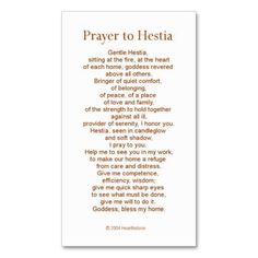 a prayer card with the words, prayer to hestia in orange and white