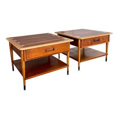 two end tables with drawers on each side and one shelf below the table is made out of wood