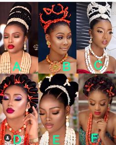 the different styles of african hair and jewelry are shown in this photo, including pearls, beads