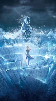 a woman standing on top of an iceberg in the ocean