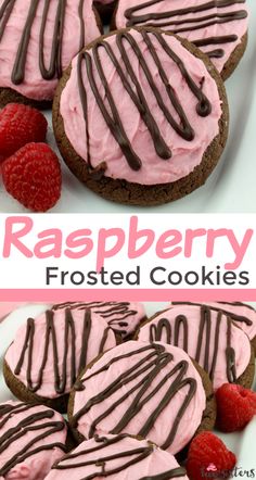 raspberry frosted cookies with chocolate drizzle on top and fresh raspberries in the background