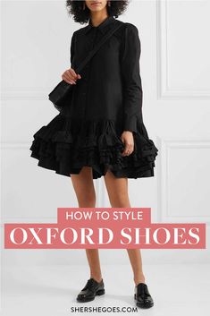 Oxford Shoes And Skirt Outfit, Dress And Oxford Shoes Outfit, Black And White Brogues Outfits, Wing Tip Shoes Womens Outfit, Dress And Brogues Outfit, How To Wear Oxford Shoes Women Outfits, Woman Oxford Shoes, Lace Up Oxfords Women Outfit, T Strap Heels Outfit