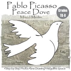 an image of a white bird flying in the air with words above it that read, pablo picasa peace dove mixed media