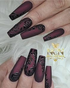 Gothic Nail Art Coffin, Matte Rose Nails, Dark Rose Nails Design, Black And Burgundy Nail Designs, Gothic Wedding Nails For Bride, Black Nails With Roses, Gothic Nails Square, Dark Wine Nails With Design, Dark Rose Nails