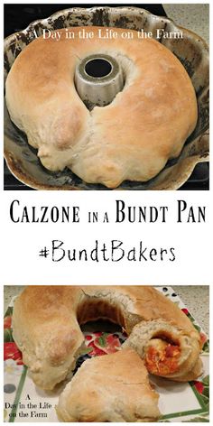 a bundt pan with two different pictures of it and the words, calzone in a bundt pan