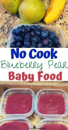 no cook blueberry pear baby food is in plastic containers with fruit on the side