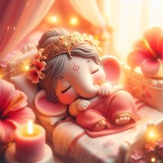 there is a small statue of an elephant sitting on a bed with flowers in the background