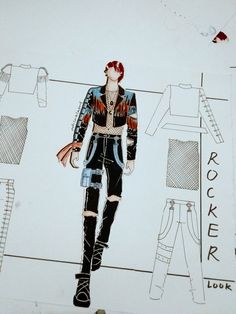 a drawing of a man with red hair wearing black pants and a jacket, holding a handbag