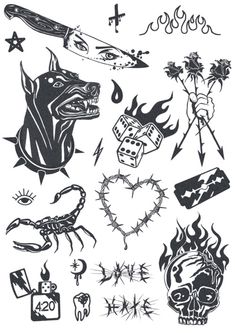 various tattoo designs and symbols are shown in black and white, including an image of a dog