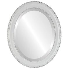 a white round mirror with beading around the edges and an oval frame, on a white background