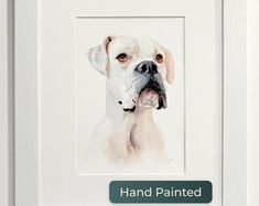 a painting of a dog with the words hand painted on it's front side