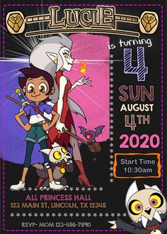 the poster for an upcoming event with two cartoon characters in front of a purple background