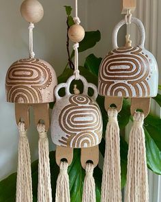 three decorative hangings with tassels on top of them and some plants in the background