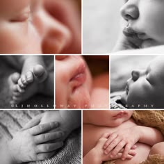 a collage of photos with baby's hands and feet in the middle one is sleeping