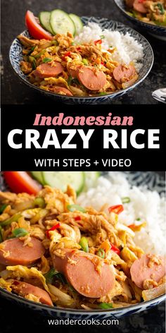 two plates filled with rice, meat and veggies next to the words indonesian crazy rice