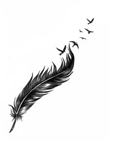 a black and white drawing of a feather with birds flying around it