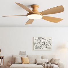 a living room with a couch and ceiling fan